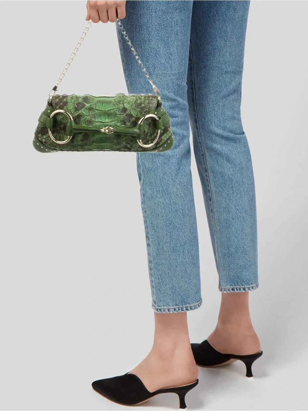 Tom Ford for Gucci 2004 Green Python Horsebit Chain Clutch Shoulder Bag Rare